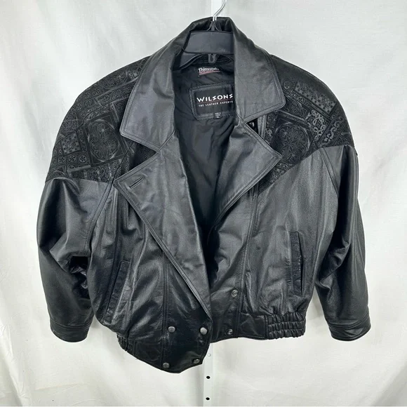 Vintage 80s Wilsons Womens Black Leather Batwing Bomber Jacket Embossed Sz XL - Picture 1 of 10